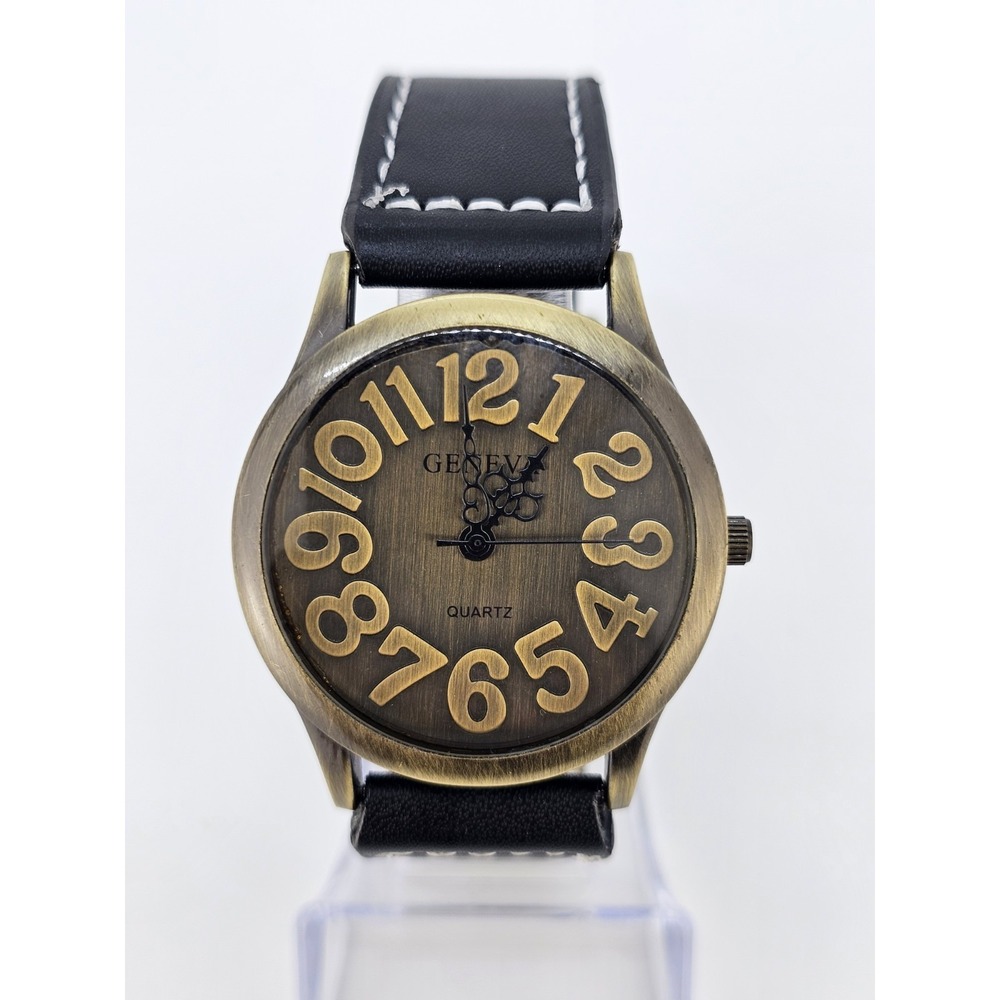 Men Analog Watch 38MM Bronze Dial New Faux Black Leather Bands‎ New Battery READ